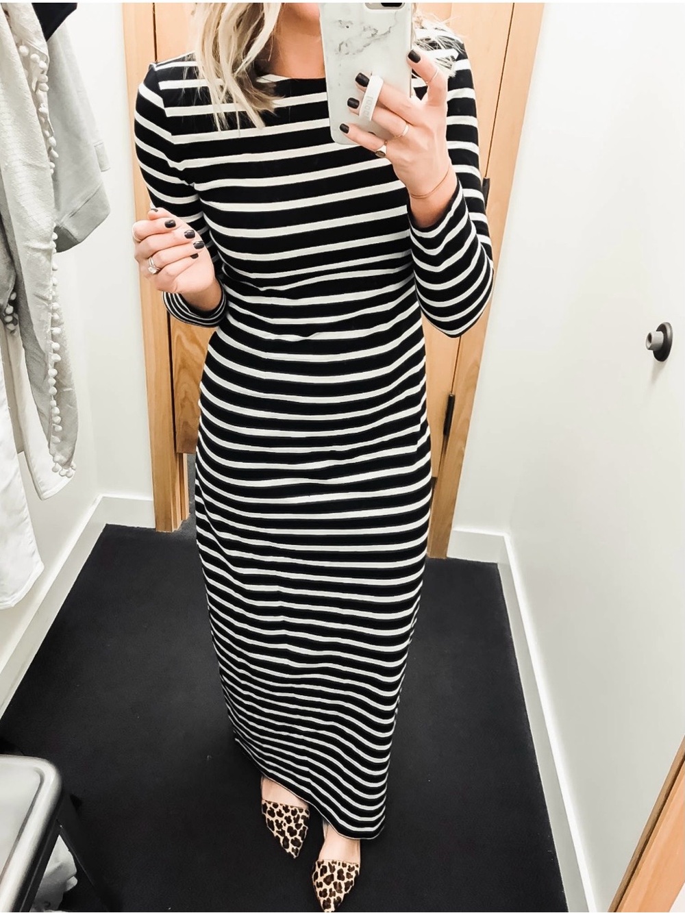 J. Crew Black and White Striped Long Sleeve Maxi Dress
